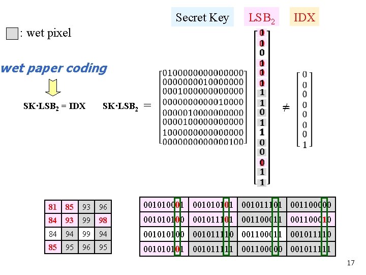 Secret Key : wet pixel LSB 2 IDX wet paper coding SK·LSB 2 =