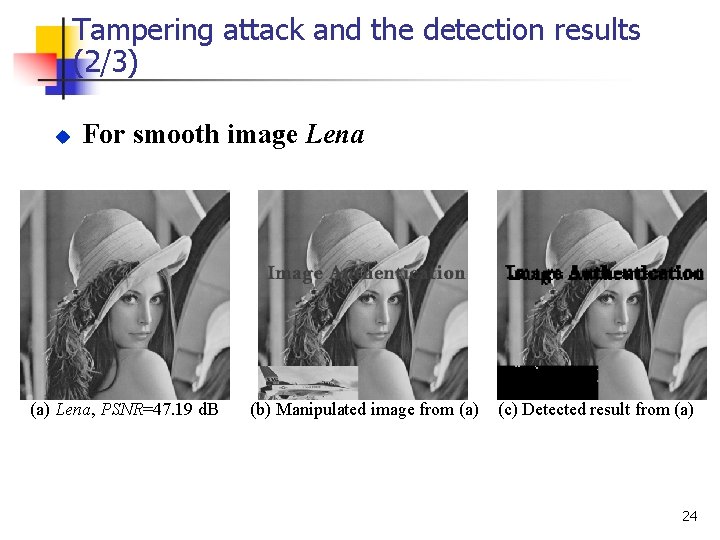 Tampering attack and the detection results (2/3) u For smooth image Lena (a) Lena,