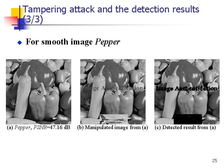 Tampering attack and the detection results (3/3) u For smooth image Pepper (a) Pepper,
