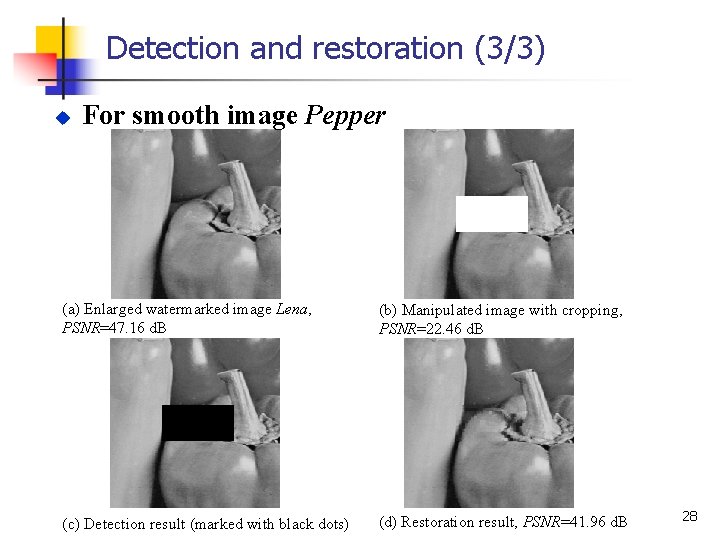 Detection and restoration (3/3) u For smooth image Pepper (a) Enlarged watermarked image Lena,