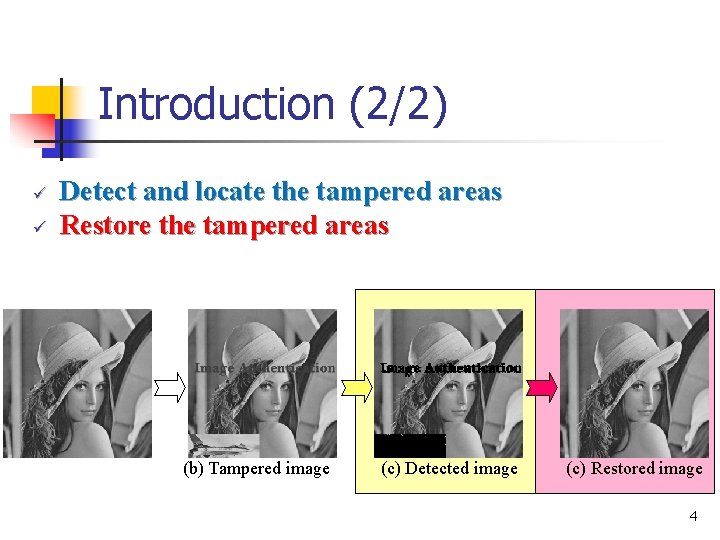Introduction (2/2) ü ü Detect and locate the tampered areas Restore the tampered areas