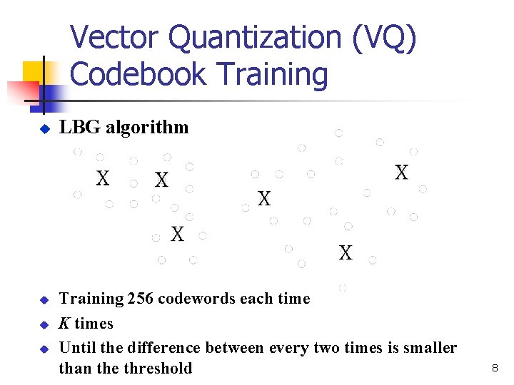 Vector Quantization (VQ) Codebook Training u u LBG algorithm Training 256 codewords each time