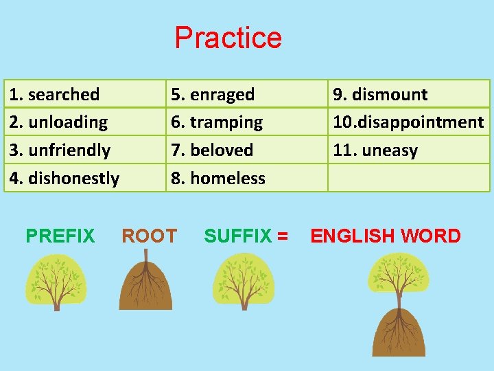 Practice 1. searched 2. unloading 3. unfriendly 4. dishonestly PREFIX 5. enraged 6. tramping