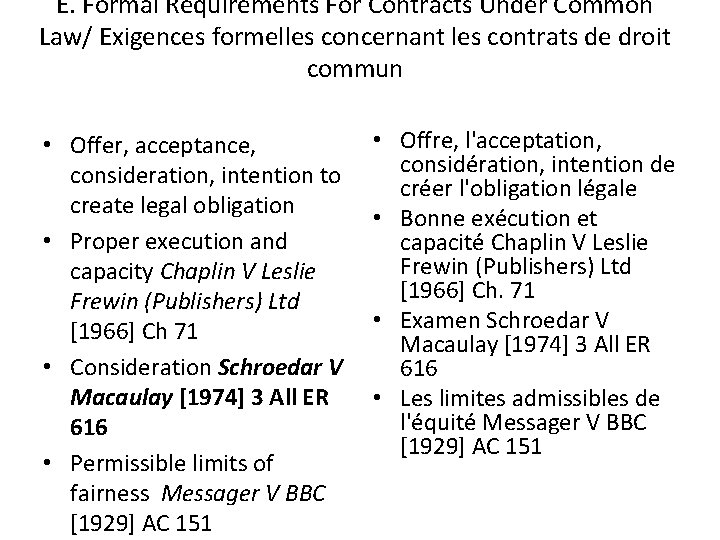 E. Formal Requirements For Contracts Under Common Law/ Exigences formelles concernant les contrats de