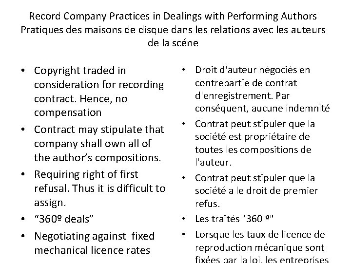 Record Company Practices in Dealings with Performing Authors Pratiques des maisons de disque dans