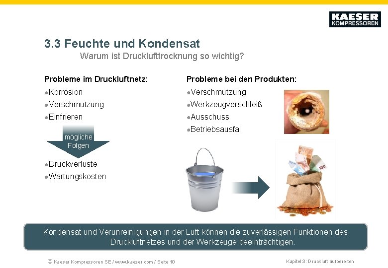 3. 3 Feuchte und Kondensat Warum ist Drucklufttrocknung so wichtig? Probleme im Druckluftnetz: Probleme