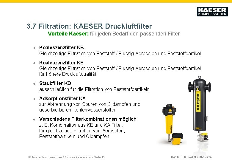 3. 7 Filtration: KAESER Druckluftfilter Vorteile Kaeser: für jeden Bedarf den passenden Filter ●