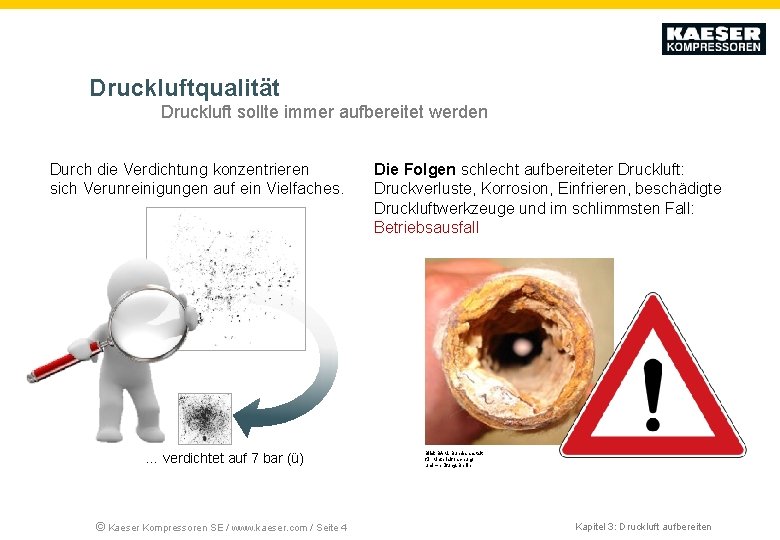 Druckluftqualität Druckluft sollte immer aufbereitet werden Durch die Verdichtung konzentrieren sich Verunreinigungen auf ein