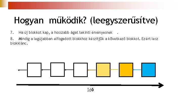 Hogyan működik? (leegyszerűsítve) 7. Ha új blokkot kap, a hosszabb ágat tekinti érvényesnek .