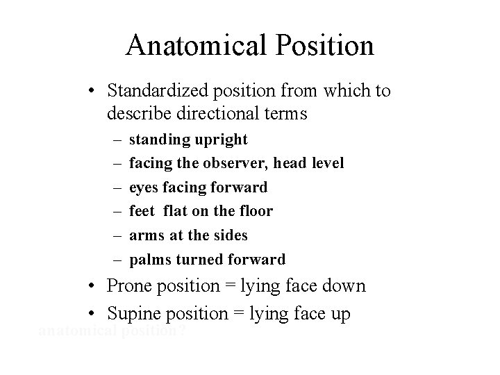 Anatomical Position • Standardized position from which to describe directional terms – – –