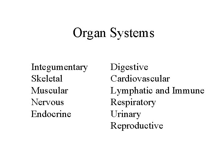 Organ Systems Integumentary Skeletal Muscular Nervous Endocrine Digestive Cardiovascular Lymphatic and Immune Respiratory Urinary