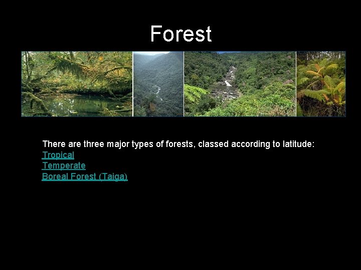 Forest There are three major types of forests, classed according to latitude: Tropical Temperate