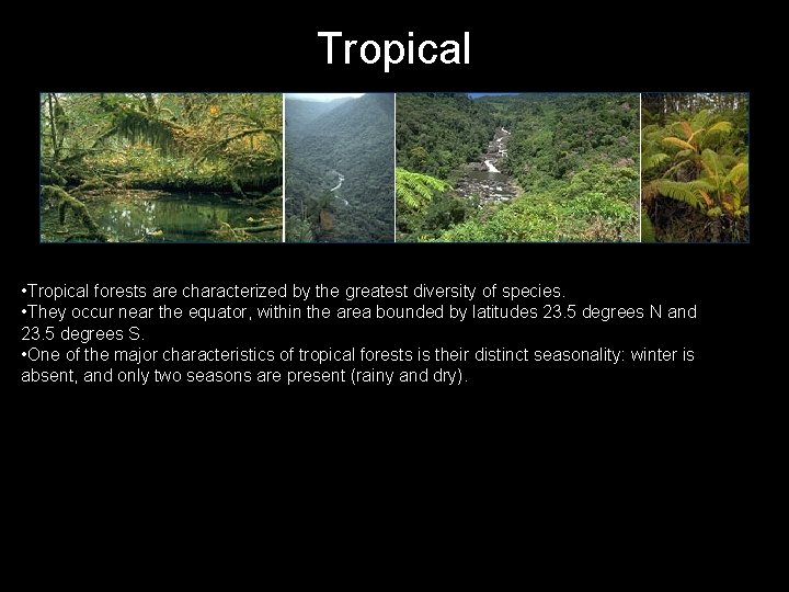 Tropical • Tropical forests are characterized by the greatest diversity of species. • They