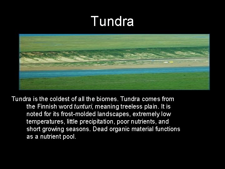 Tundra is the coldest of all the biomes. Tundra comes from the Finnish word