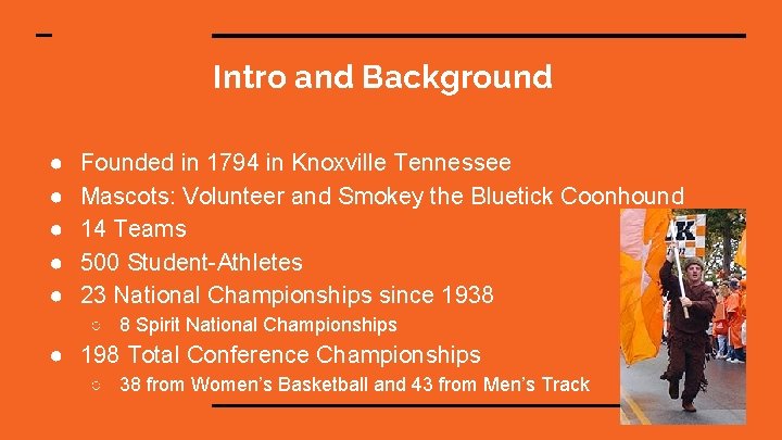 Intro and Background ● ● ● Founded in 1794 in Knoxville Tennessee Mascots: Volunteer