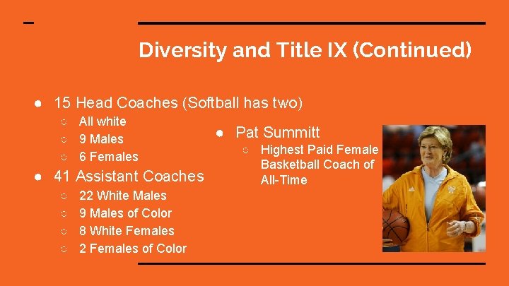 Diversity and Title IX (Continued) ● 15 Head Coaches (Softball has two) ○ All