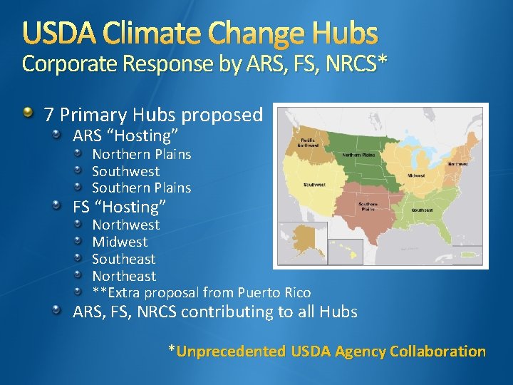 USDA Climate Change Hubs Corporate Response by ARS, FS, NRCS* 7 Primary Hubs proposed