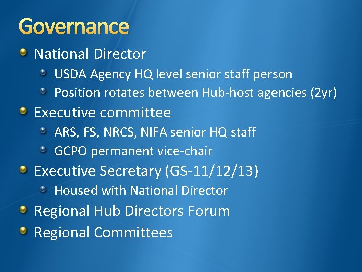 Governance National Director USDA Agency HQ level senior staff person Position rotates between Hub-host