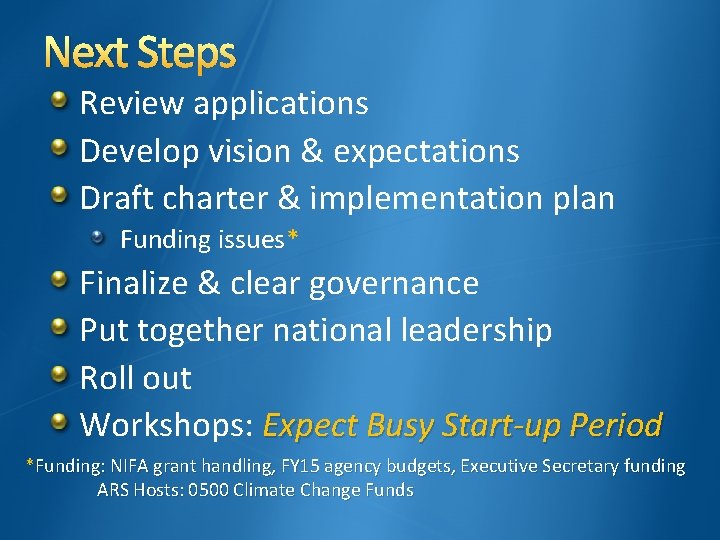 Next Steps Review applications Develop vision & expectations Draft charter & implementation plan Funding