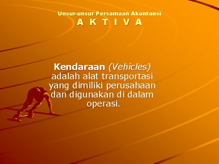 Unsur-unsur Persamaan Akuntansi A K T I V A Kendaraan (Vehicles) adalah alat transportasi