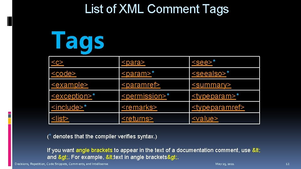 List of XML Comment Tags <c> <code> <example> <exception>* <para> <param>* <paramref> <permission>* <seealso>* List of XML Comment Tags <c> <code> <example> <exception>* <para> <param>* <paramref> <permission>* <seealso>*