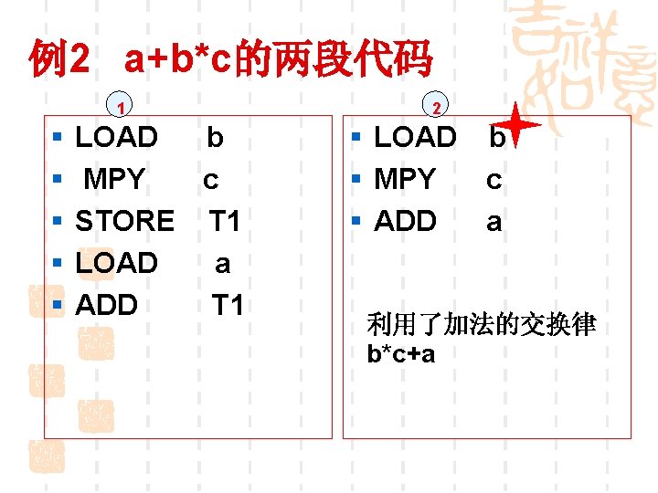 例2 a+b*c的两段代码 1 § § § LOAD b MPY c STORE T 1 LOAD