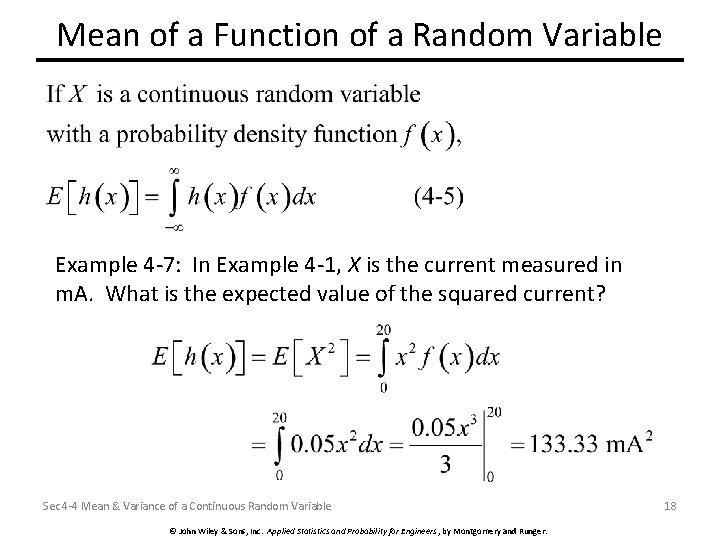 Mean of a Function of a Random Variable Example 4 -7: In Example 4