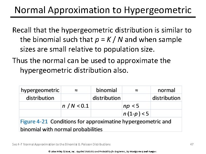 Normal Approximation to Hypergeometric Recall that the hypergeometric distribution is similar to the binomial