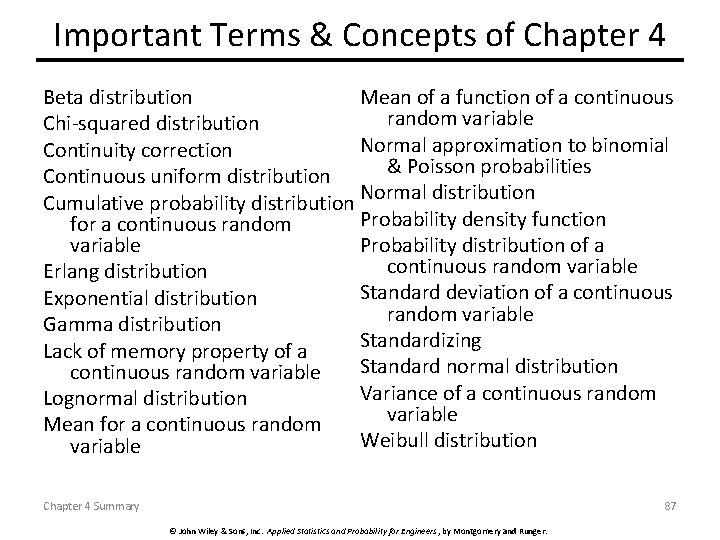 Important Terms & Concepts of Chapter 4 Beta distribution Mean of a function of
