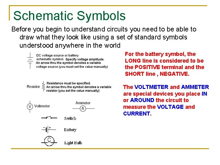 Schematic Symbols Before you begin to understand circuits you need to be able to
