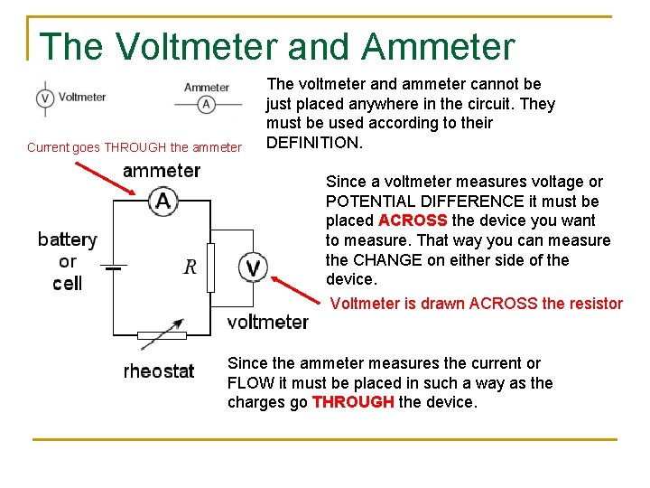 The Voltmeter and Ammeter Current goes THROUGH the ammeter The voltmeter and ammeter cannot
