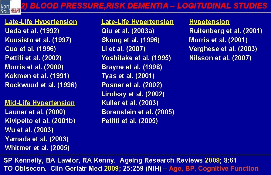 2) BLOOD PRESSURE, RISK DEMENTIA – LOGITUDINAL STUDIES Late-Life Hypertension Ueda et al. (1992)