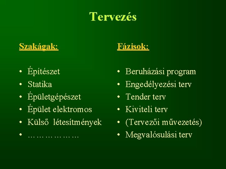 Tervezés Szakágak: Fázisok: • • • Építészet Statika Épületgépészet Épület elektromos Külső létesítmények ………………