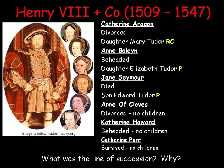 Henry VIII + Co (1509 – 1547) Catherine Aragon Divorced Daughter Mary Tudor RC