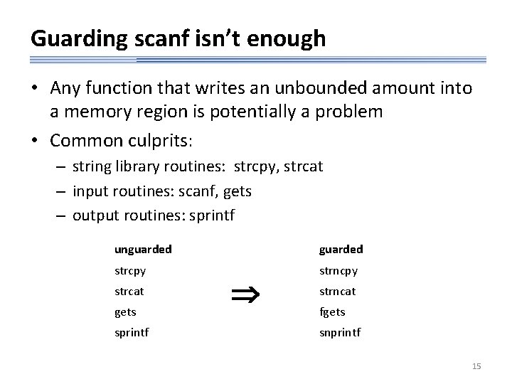 Guarding scanf isn’t enough • Any function that writes an unbounded amount into a