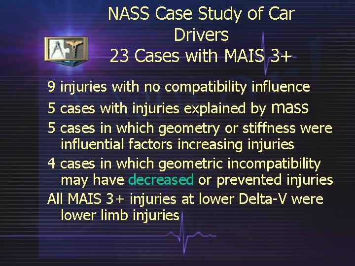 NASS Case Study of Car Drivers 23 Cases with MAIS 3+ 9 injuries with