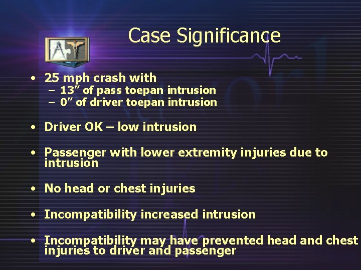 Case Significance • 25 mph crash with – 13” of pass toepan intrusion –