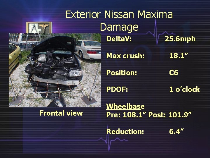 Exterior Nissan Maxima Damage Delta. V: Frontal view 25. 6 mph Max crush: 18.