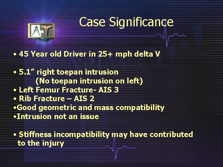 Case Significance • 45 Year old Driver in 25+ mph delta V • 5.