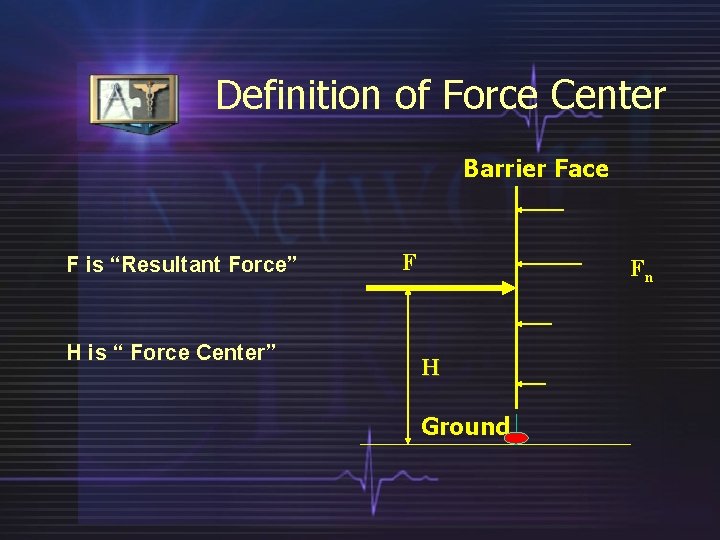 Definition of Force Center Barrier Face F is “Resultant Force” H is “ Force