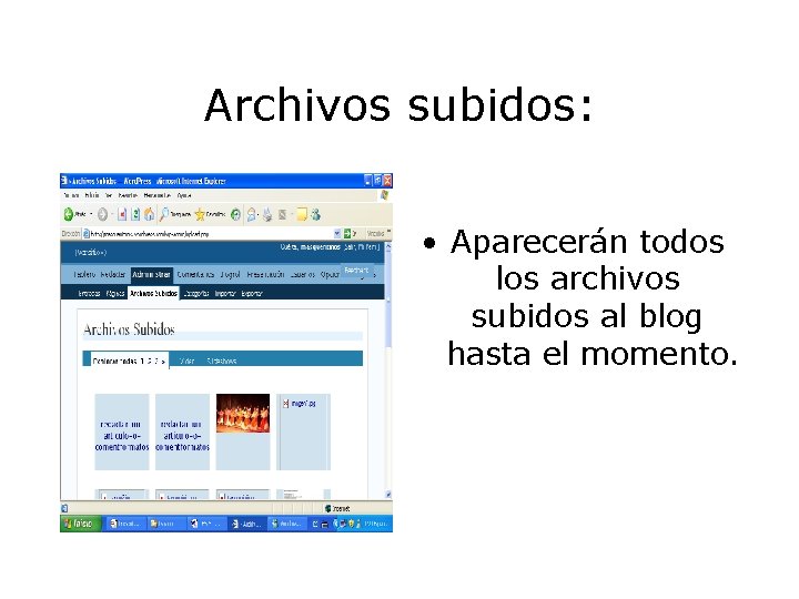 Archivos subidos: • Aparecerán todos los archivos subidos al blog hasta el momento. 