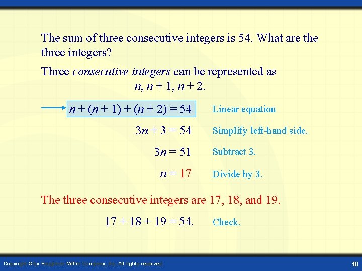 The sum of three consecutive integers is 54. What are three integers? Three consecutive