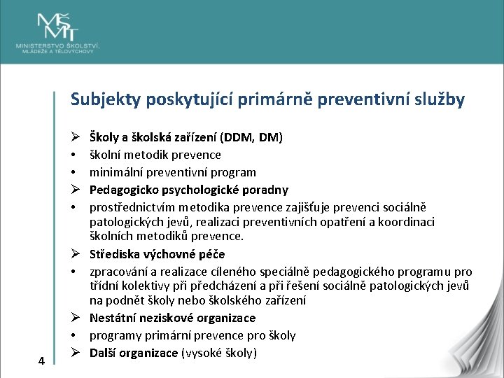 Subjekty poskytující primárně preventivní služby Školy a školská zařízení (DDM, DM) školní metodik prevence