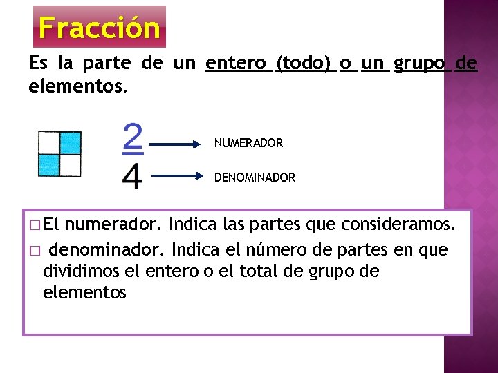 Fracción Es la parte de un entero (todo) o un grupo de elementos. NUMERADOR