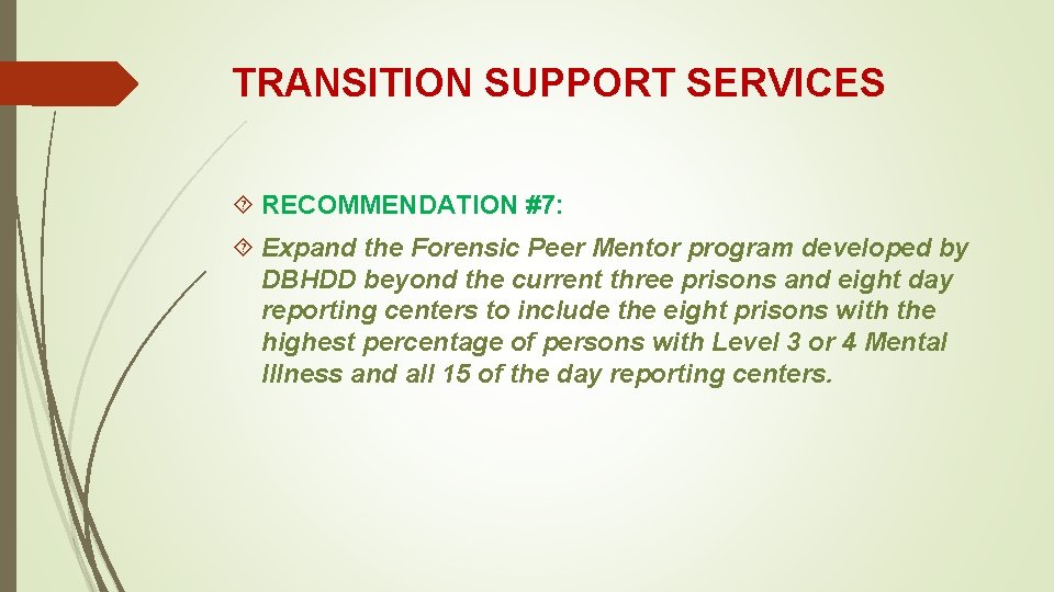 TRANSITION SUPPORT SERVICES RECOMMENDATION #7: Expand the Forensic Peer Mentor program developed by DBHDD