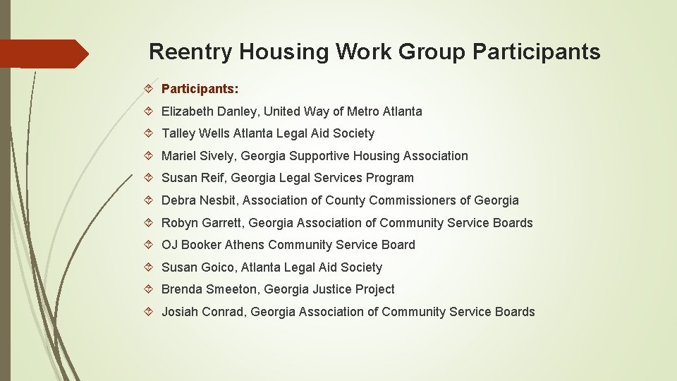 Reentry Housing Work Group Participants: Elizabeth Danley, United Way of Metro Atlanta Talley Wells