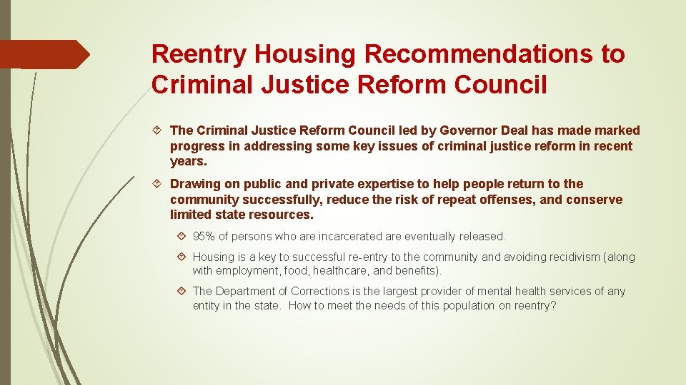 Reentry Housing Recommendations to Criminal Justice Reform Council The Criminal Justice Reform Council led