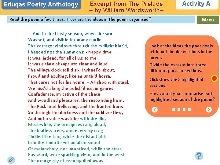 Eduqas Poetry Anthology Excerpt from The Prelude – by William Wordsworth– Read the poem