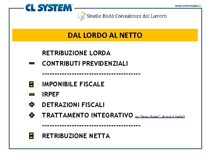 www. studiobada. it DAL LORDO AL NETTO RETRIBUZIONE LORDA CONTRIBUTI PREVIDENZIALI --------------------IMPONIBILE FISCALE IRPEF