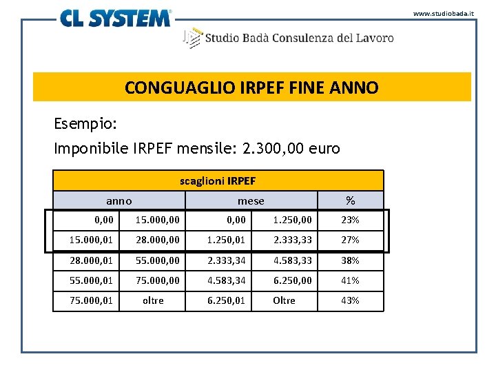 www. studiobada. it CONGUAGLIO IRPEF FINE ANNO Esempio: Imponibile IRPEF mensile: 2. 300, 00
